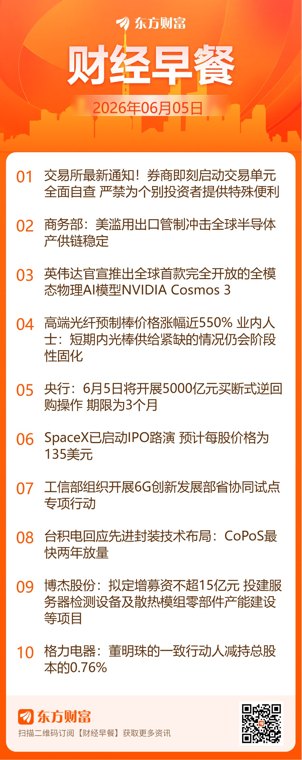 东方财富财经早餐 6月5日周五